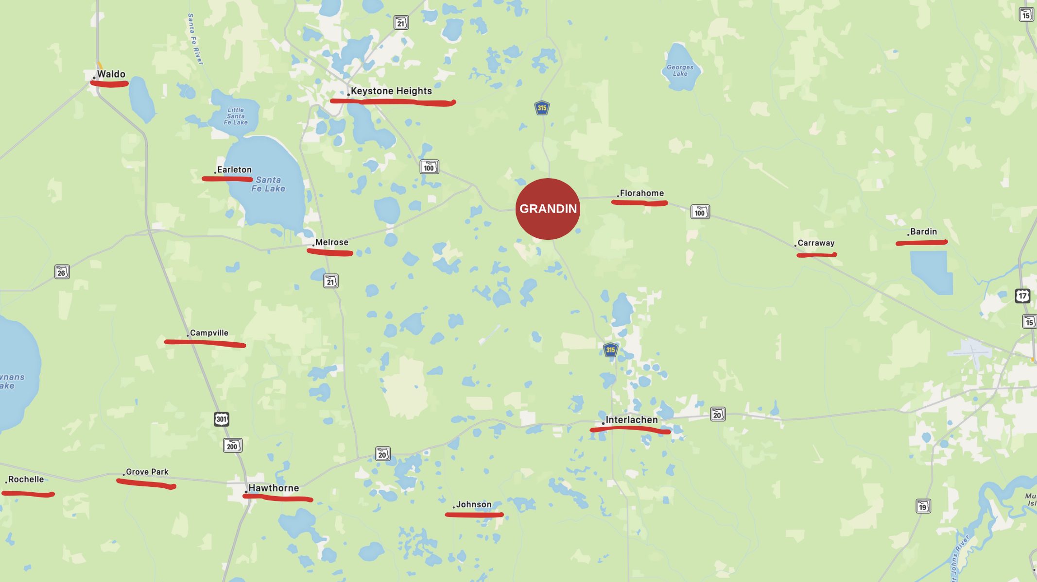Map of the north central Florida lake region